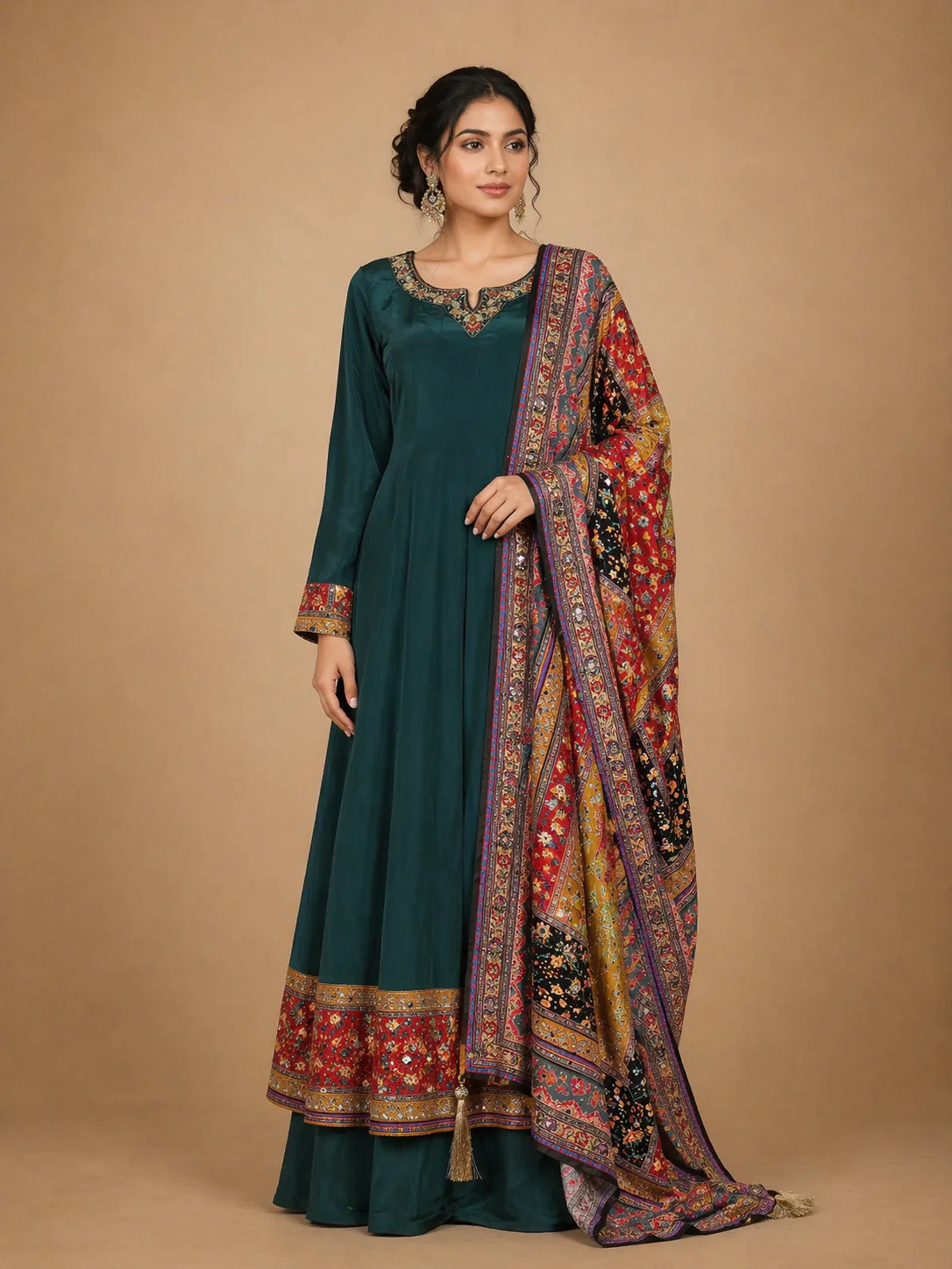 Peacock Green Floral Designed Semi Silk Anarkali Salwar Suit